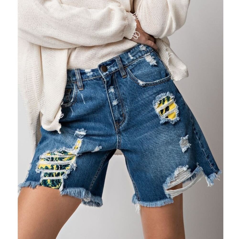 New Free People WTF Distressed Patched Denim Shorts $128 SIZE 25 Blue/Yellow